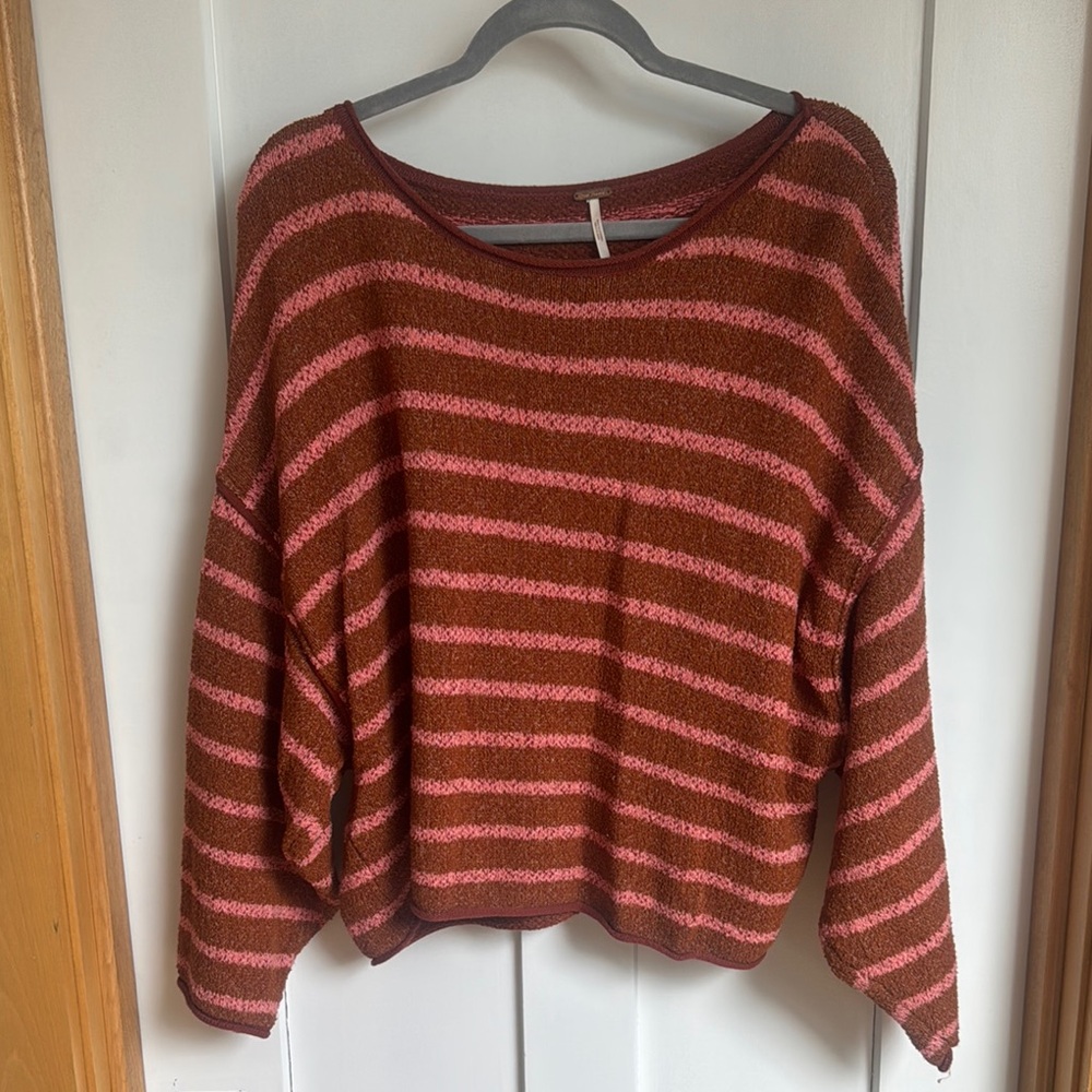 Free People Pink and Brown Crew Neck Sweater